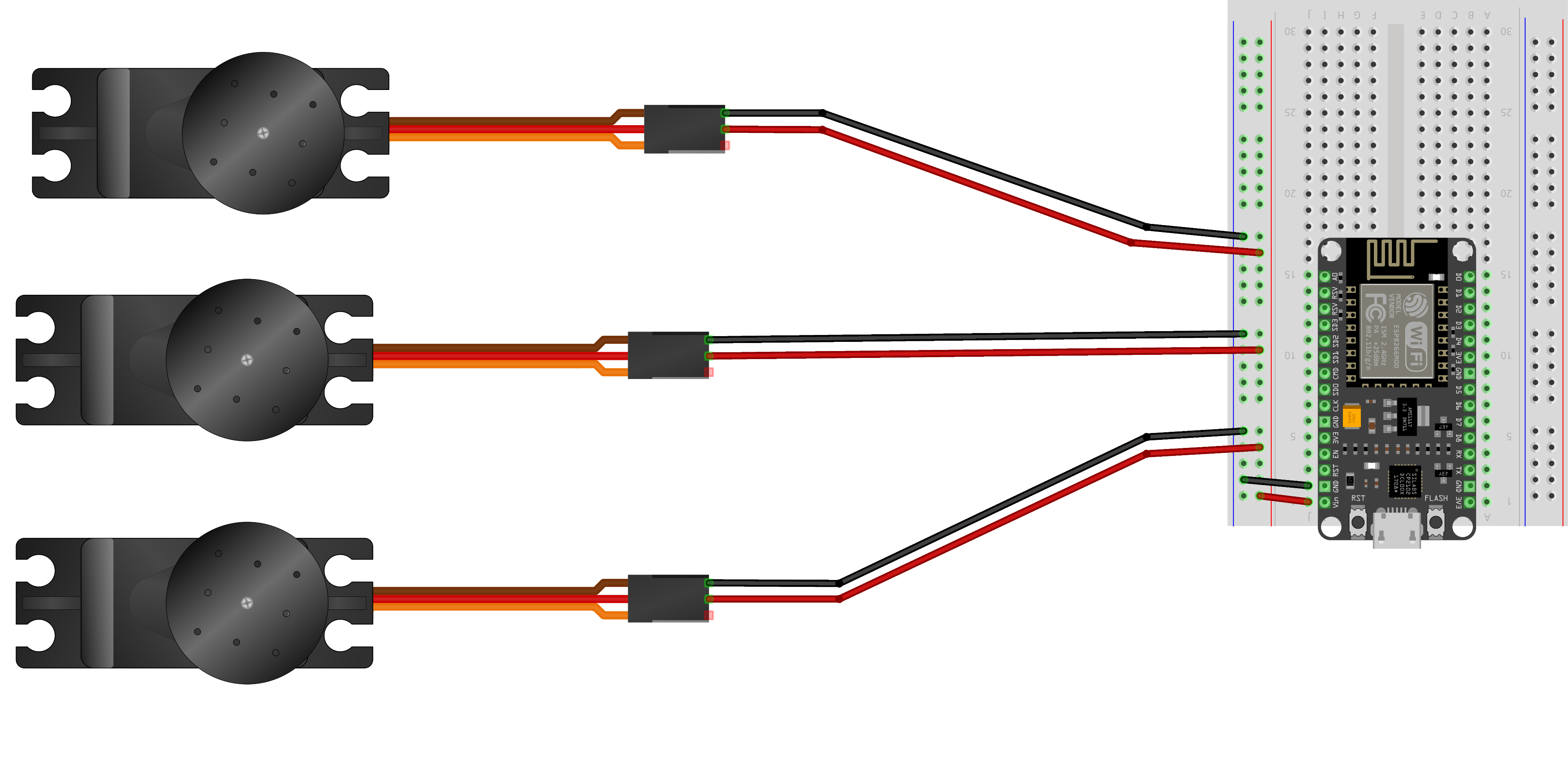 Power wiring diagram showing all three servo power and ground connections to the NodeMCU breadboard
