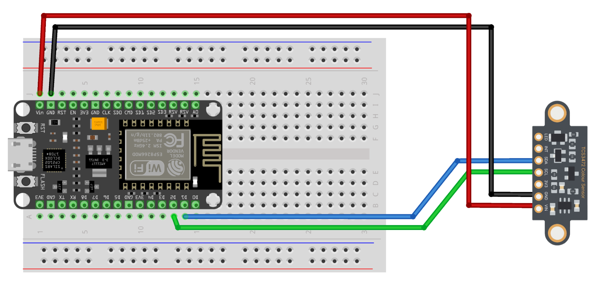 Wiring diagram showing ESP32 connected to TCS34725 colour sensor